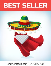 Sombrero Mexican hat. Masquerade costume headdress. Carnival or Halloween mask. Cartoon Vector illustration. Red cape