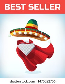 Sombrero Mexican hat. Masquerade costume headdress. Carnival or Halloween mask. Cartoon Vector illustration. Red cape
