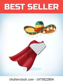 Sombrero Mexican hat. Masquerade costume headdress. Carnival or Halloween mask. Cartoon Vector illustration. Red cape