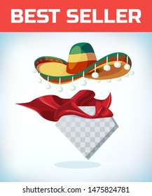 Sombrero Mexican hat. Masquerade costume headdress. Carnival or Halloween mask. Cartoon Vector illustration. Red cape