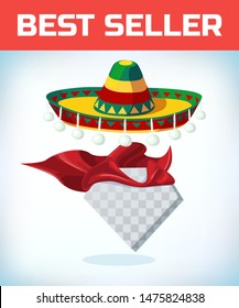 Sombrero Mexican hat. Masquerade costume headdress. Carnival or Halloween mask. Cartoon Vector illustration. Red cape