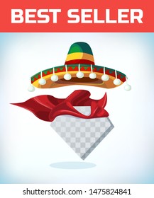 Sombrero Mexican hat. Masquerade costume headdress. Carnival or Halloween mask. Cartoon Vector illustration. Red cape