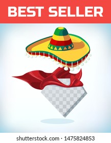 Sombrero Mexican hat. Masquerade costume headdress. Carnival or Halloween mask. Cartoon Vector illustration. Red cape