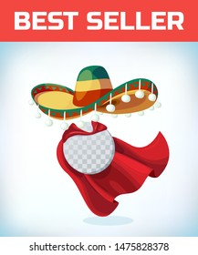 Sombrero Mexican hat. Masquerade costume headdress. Carnival or Halloween mask. Cartoon Vector illustration. Red cape