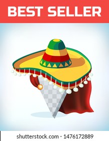 Sombrero Mexican hat. Masquerade costume headdress. Carnival or Halloween mask. Cartoon Vector illustration. Red cape