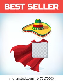 Sombrero Mexican hat. Masquerade costume headdress. Carnival or Halloween mask. Cartoon Vector illustration. Red cape