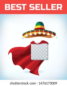Sombrero Mexican hat. Masquerade costume headdress. Carnival or Halloween mask. Cartoon Vector illustration. Red cape