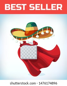 Sombrero Mexican hat. Masquerade costume headdress. Carnival or Halloween mask. Cartoon Vector illustration. Red cape