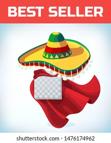 Sombrero Mexican hat. Masquerade costume headdress. Carnival or Halloween mask. Cartoon Vector illustration. Red cape