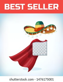 Sombrero Mexican hat. Masquerade costume headdress. Carnival or Halloween mask. Cartoon Vector illustration. Red cape