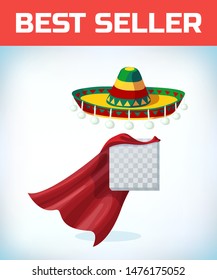 Sombrero Mexican hat. Masquerade costume headdress. Carnival or Halloween mask. Cartoon Vector illustration. Red cape