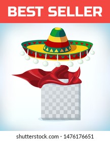 Sombrero Mexican hat. Masquerade costume headdress. Carnival or Halloween mask. Cartoon Vector illustration. Red cape