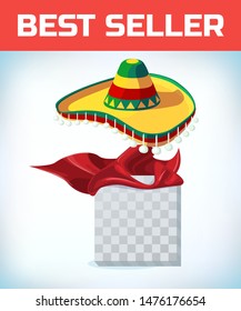 Sombrero Mexican hat. Masquerade costume headdress. Carnival or Halloween mask. Cartoon Vector illustration. Red cape