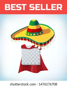 Sombrero Mexican hat. Masquerade costume headdress. Carnival or Halloween mask. Cartoon Vector illustration. Red cape