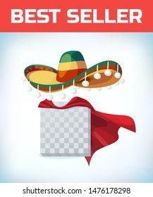 Sombrero Mexican hat. Masquerade costume headdress. Carnival or Halloween mask. Cartoon Vector illustration. Red cape