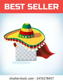 Sombrero Mexican hat. Masquerade costume headdress. Carnival or Halloween mask. Cartoon Vector illustration. Red cape