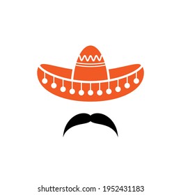 Sombrero, Mexican hat with mustache black icon. Flat logo isolated on white. vector illustration. Cinco De Mayo symbol. Mexico symbol. 