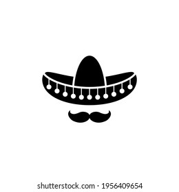 Sombrero, Mexican hat with mustache black icon. Flat logo isolated on white. vector illustration. Cinco De Mayo symbol. Mexico symbol. 