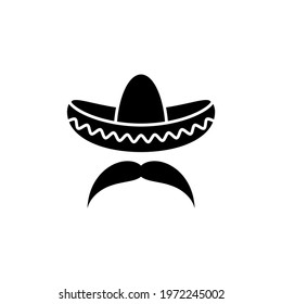 Sombrero, Mexican hat with mustache black icon. Flat logo isolated on white. vector illustration. Cinco De Mayo symbol. Mexico symbol. 