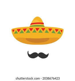Sombrero mexican hat mustache. Cinco de mayo festival holiday celebration. Spanish latin fiesta accessory, tradition headwear. Decorated vintage party symbol. Vector