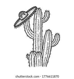 sombrero mexican hat on cactus plant sketch engraving vector illustration. T-shirt apparel print design. Scratch board imitation. Black and white hand drawn image.