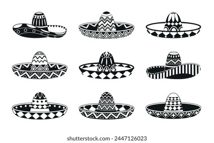 Sombrero. Mexican hat set vector design illustration isolated on white background.  Mexican hat black icon. Cinco De Mayo symbol.  Vector illustration. 	