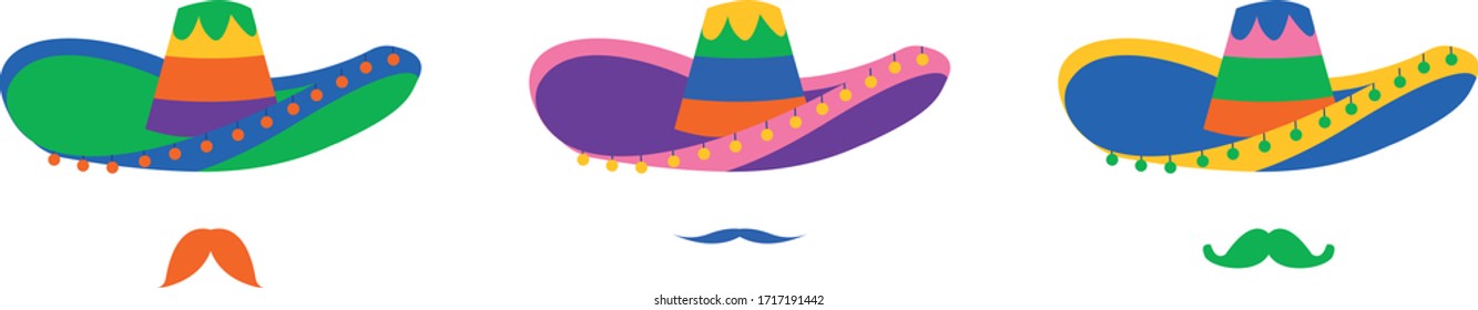 Sombrero and Mexican 
mustache isolated on white background on flat style. Vector illustration for cinco de mayo. 