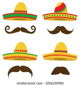 Sombrero, Mexican Sobrero set with a mustache. Mexican headdress. Flat design, vector illustration, vector.