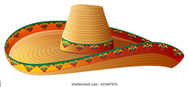 Sombrero Mexican Straw Hat with wide margins. Isolated on white vector illustration