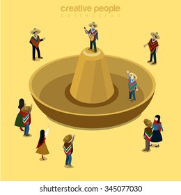 Sombrero Mexican style flat 3d isometry isometric concept web vector illustration. Stylish male wearing high-crowned wide-brimmed headwear attire and classic guitar singer. Creative people collection.