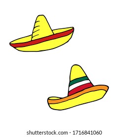 Sombrero - mexican traditional hat. Hand drawn sketch doodle. Vector color illustration for menu, poster, web and package design. Isolated on white background.