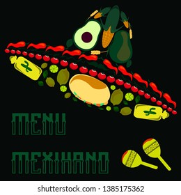 Sombrero of Mexican vegetables on a black background.Mexican menu