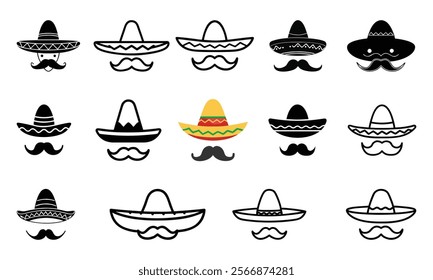 Sombrero and Mustache Icon Collection, Set of sombrero and mustache icons in various styles, featuring traditional Mexican designs, ideal for cultural or festive themes. 