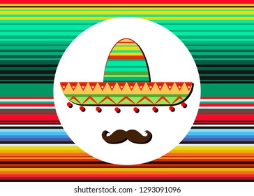 Sombrero and mustache icon template. Portrait of  Mexican man in sombrero and Blanket Stripes, sketch vector illustration isolated on colors background. Colorful drawing of Mexican man typical clothes