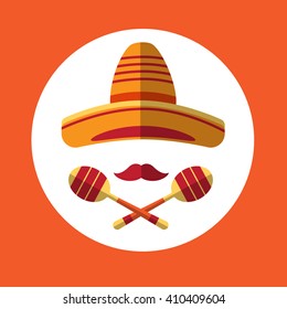 Sombrero Mustache Mexican Traditional Hat Maraca Icon Flat Vector Illustration