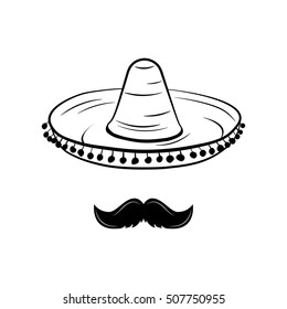 Sombrero and Mustache. Mexico Hat. Traditional Mexican Clothing. An Isolated Object. Vector Illustration