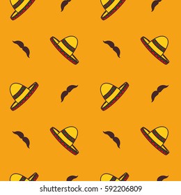 Sombrero with Mustache Seamless Hand Drawn Vector Pattern