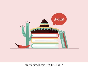 Sombrero sobre a pilha de livros cercada. Conceito de estudo de língua estrangeira. O texto " ¡Hola!" em espanhol significa "Olá!". Ilustração vetorial em estilo plano.