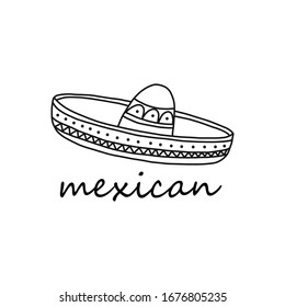 Sombrero on white background written Mexican. Contrasting combinations, ethnic patterns, patterns stripes, rhombuses, squares and other geometric shapes. Mexican decorative art, sketch.