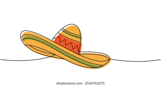 Sombrero one line colored continuous drawing. Mexican hat. Vector linear illustration.