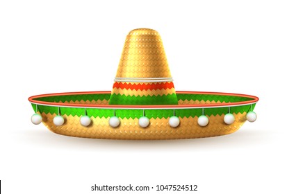 Sombrero realistic mexican hat. 3d cinco de mayo festival holiday celebration object. Spanish latin fiesta accessory, tradition headwear. Decorated vintage party symbol. Vector isolated illustration