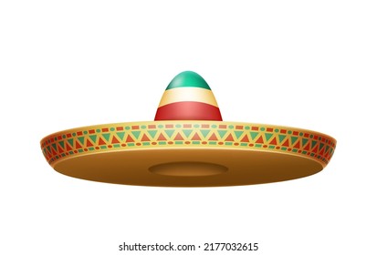 Sombrero realistic mexican hat. 3d cinco de mayo festival holiday celebration object. Spanish latin fiesta accessory, tradition headwear. Decorated vintage party symbol. Vector illustration