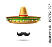Sombrero realistic mexican hat mustache. 3d cinco de mayo festival holiday celebration object. Spanish latin fiesta accessory, tradition headwear. Decorated vintage party symbol. Vector illustration