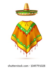 Sombrero realistic mexican hat and poncho man silhouette. 3d cinco de mayo festival traditional mexican holiday celebration poster design element. Decorated vintage party symbol. Vector illustration