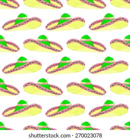 Sombrero. Seamless pattern with hat. Hand-drawn background. Vector illustration. Real watercolor drawing.