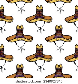 Sombrero seamless vector pattern. Traditional Mexican straw hat for cinco de mayo, holiday, festival, carnival. National headdress with a bright drawing. Flat cartoon background for posters, print