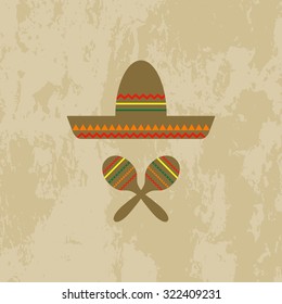 Sombrero a traditional Mexican hat - vector illustration. Mexican national musical instrument maracas on grunge background