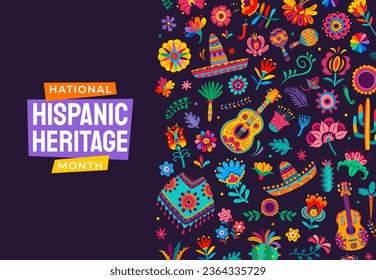 Sombrero, tropical flowers, guitar and poncho background for national Hispanic heritage month festival, vector banner. Latin Americans culture, traditions and art heritage festival floral ornament