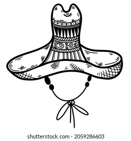 Sombrero vector icon. Hand drawn doodle. Traditional Mexican hat. Ornamented straw headdress. The cap is on strings. Monochrome element for decoration, design of traditional holidays, events