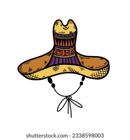 Sombrero vector icon. Traditional mexican hat for cinco de mayo, holiday, festival, carnival. National headdress with a bright pattern. Hand drawn illustration isolated on white. Flat cartoon clipart